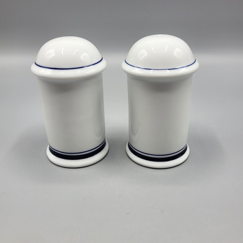 Vintage Dansk Salt and Pepper Shakers Navy Blue Banded White Porcelain Portugal